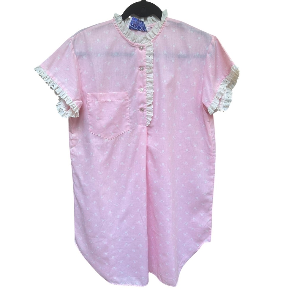 Lanz of Salzburg Vintage Pink Floral Nightgown Sleepshirt Ruffle Lace Colla M